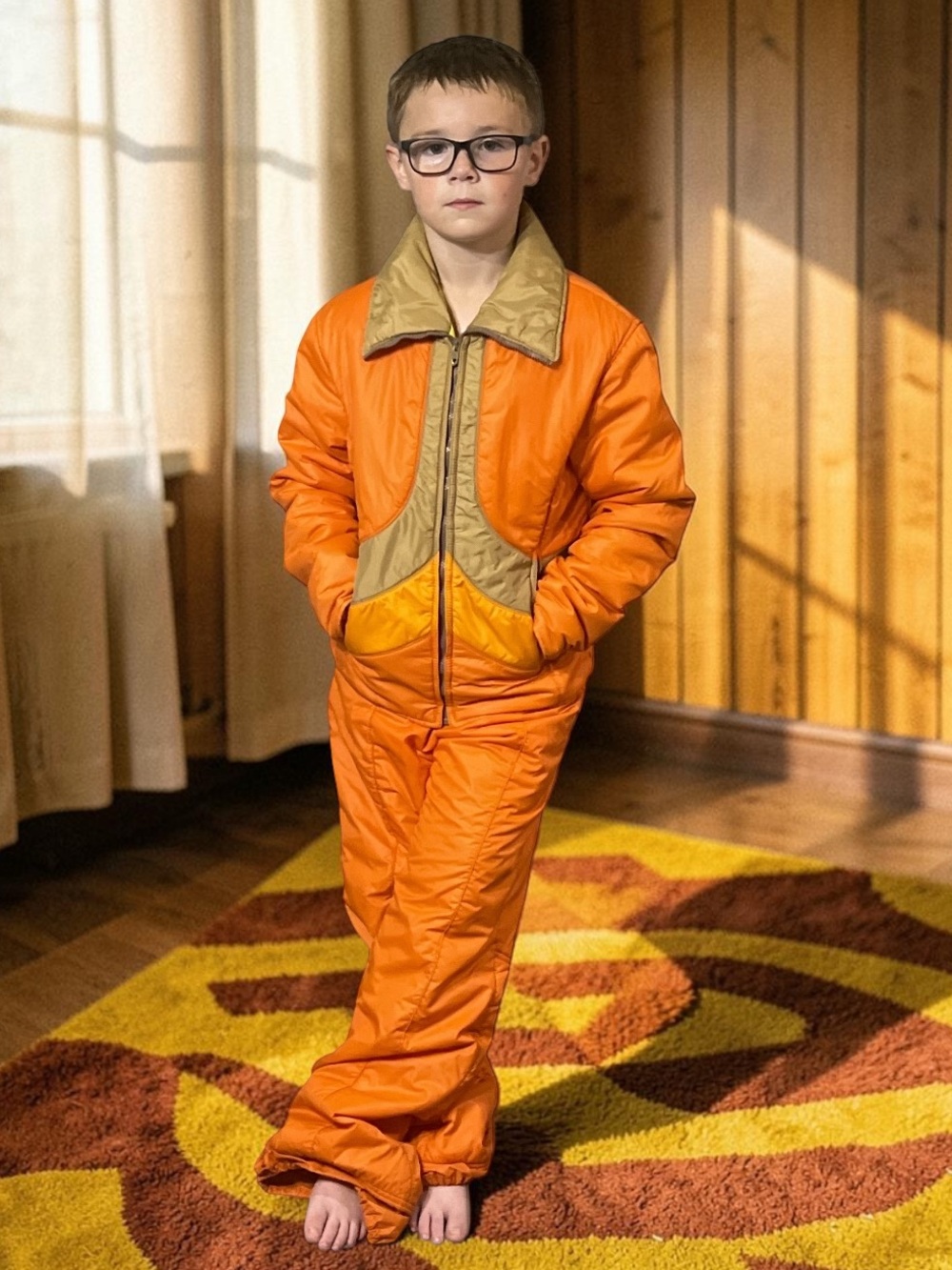 Vintage 60’s 70’s Swing West Color Block Ski Jacket & Bib Pants Orange & Yellow